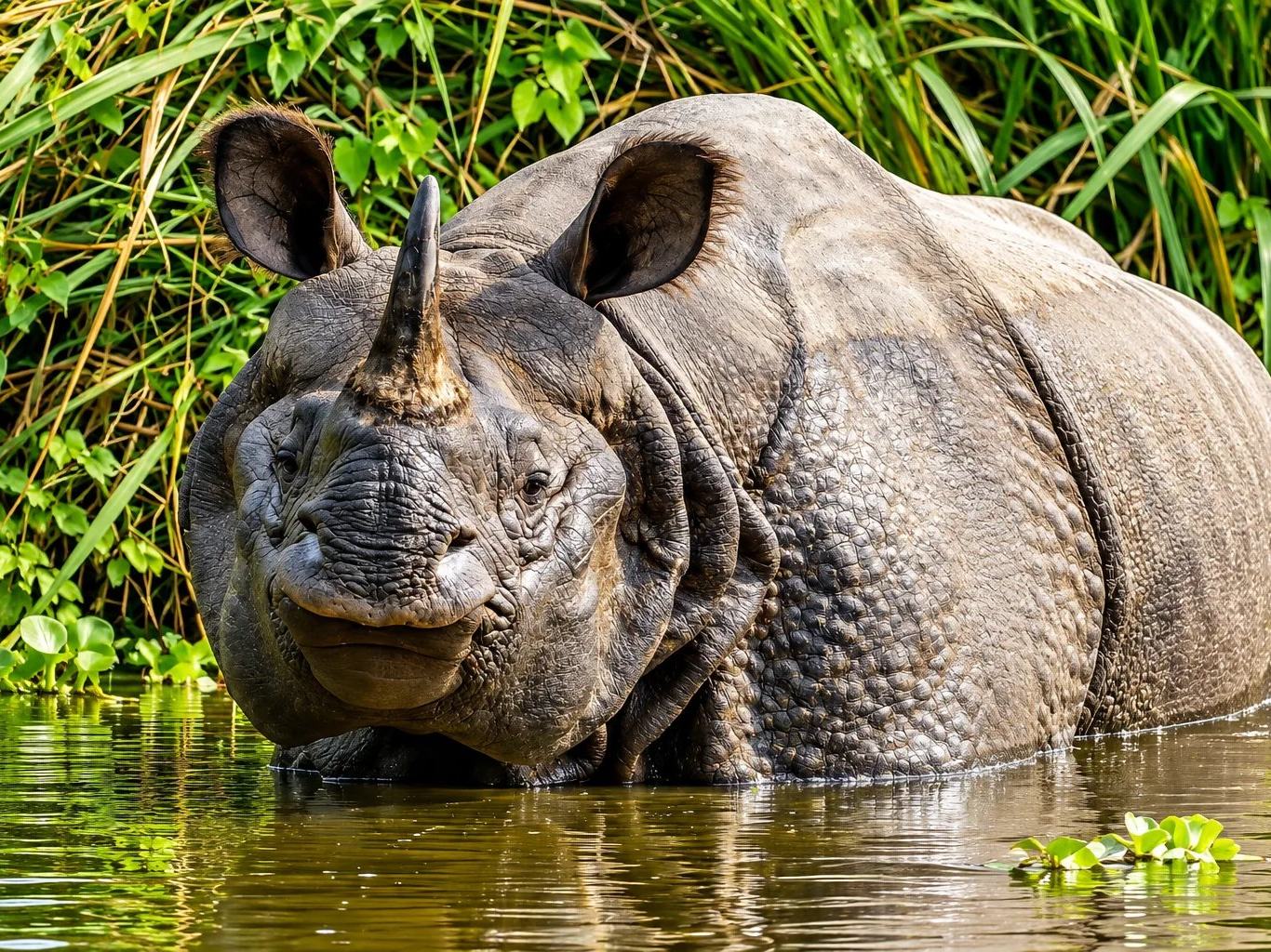 A greater one-horned rhino standing in marsh water, Chitwan National Park, Nepal
