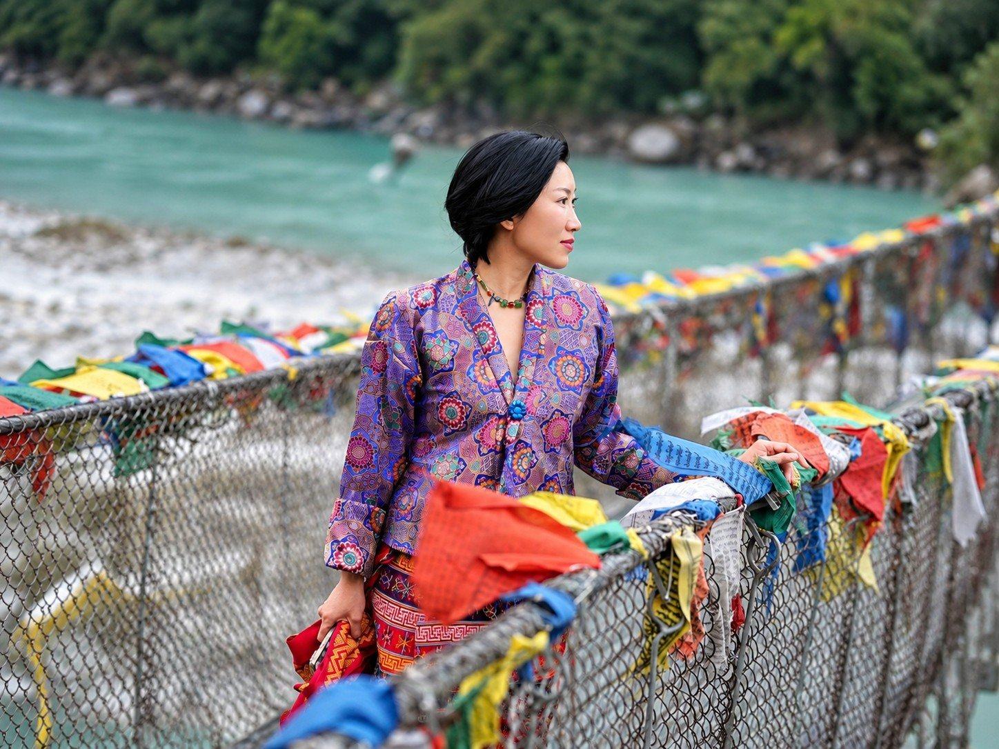 Traveller on an iron chain bridge hung with prayer flags, Bhutan