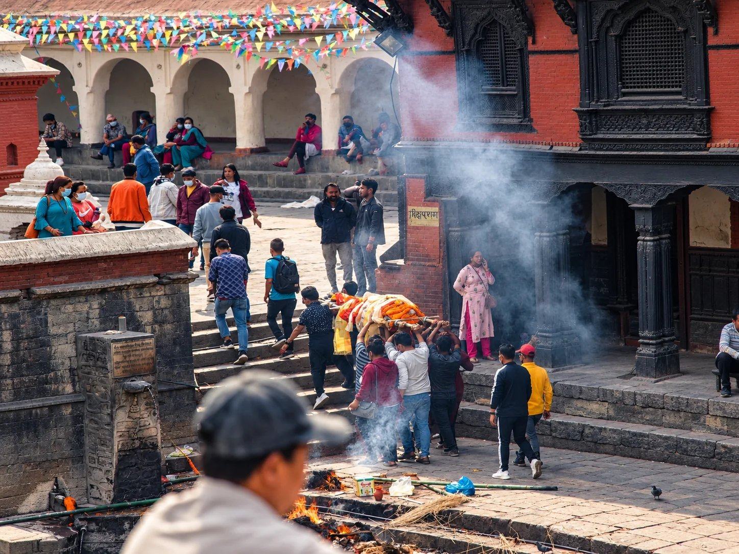 Pilgrims and smoke on the cremation ghats beside Pashupatinath Temple, Kathmandu, Nepal