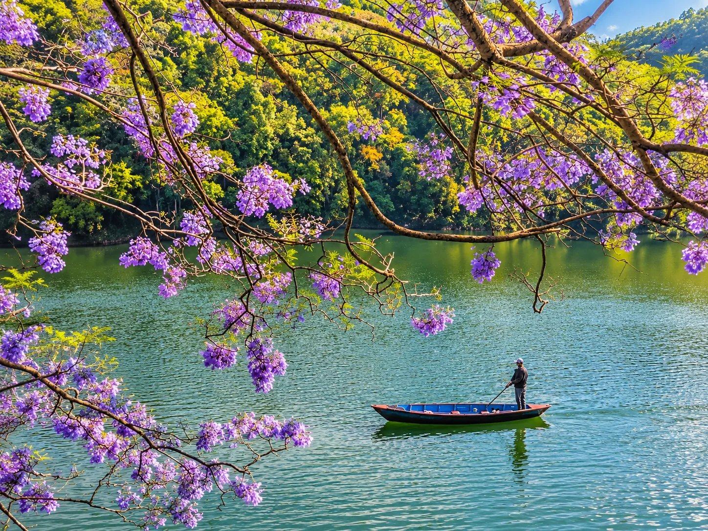 A boatman on Phewa Lake framed by purple jacaranda branches, Pokhara, Nepal