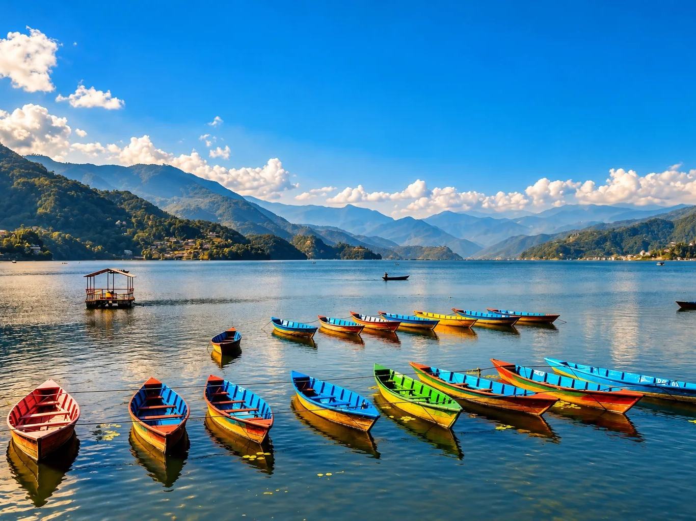 Colourful rowing boats moored on Phewa Lake under a clear sky, Pokhara, Nepal