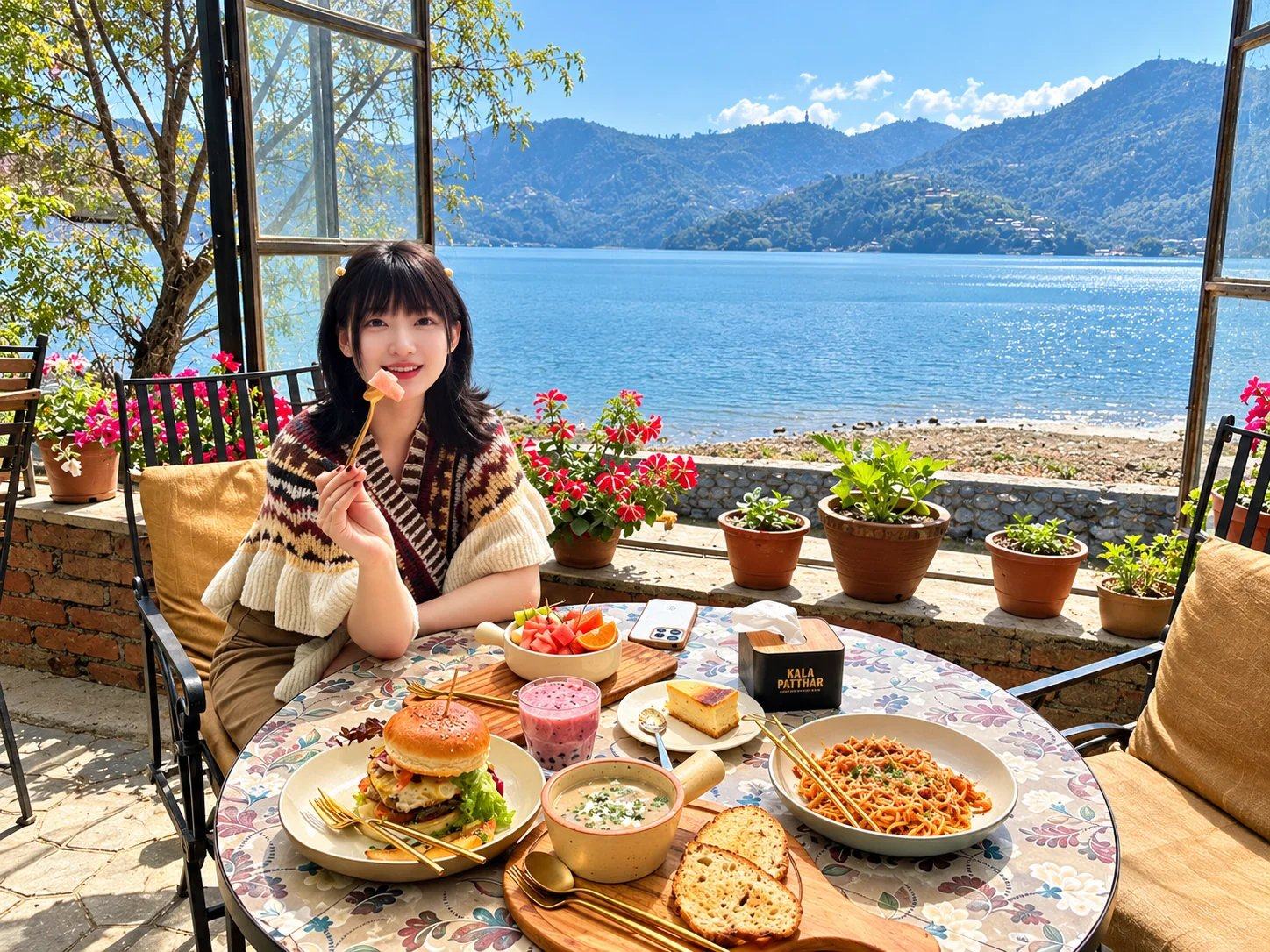 A traveller at brunch in a lakeside café overlooking Phewa Lake, Pokhara, Nepal