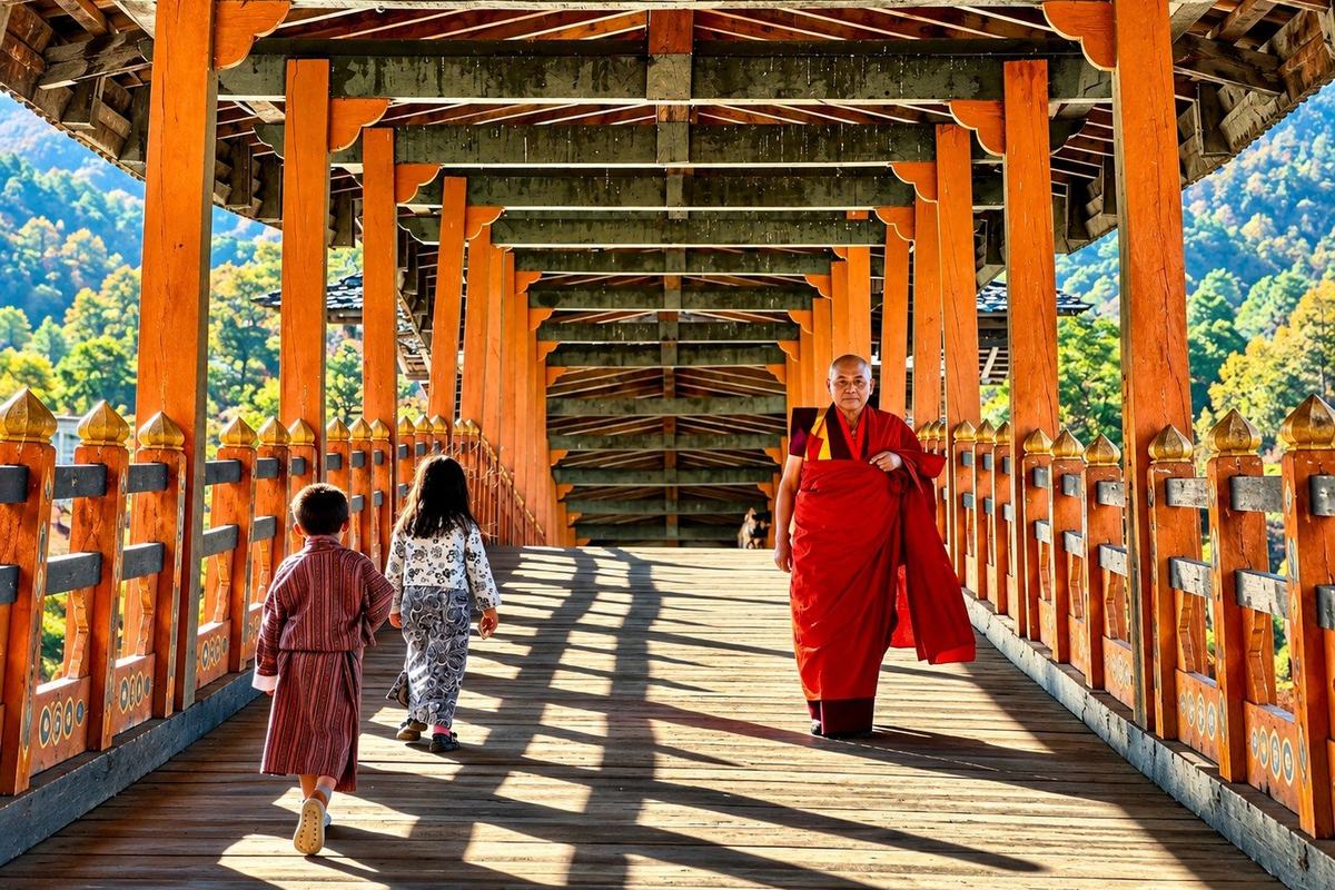 The covered wooden cantilever bridge to the entrance
