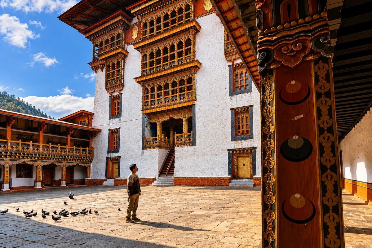 The inner courtyard and its painted woodwork