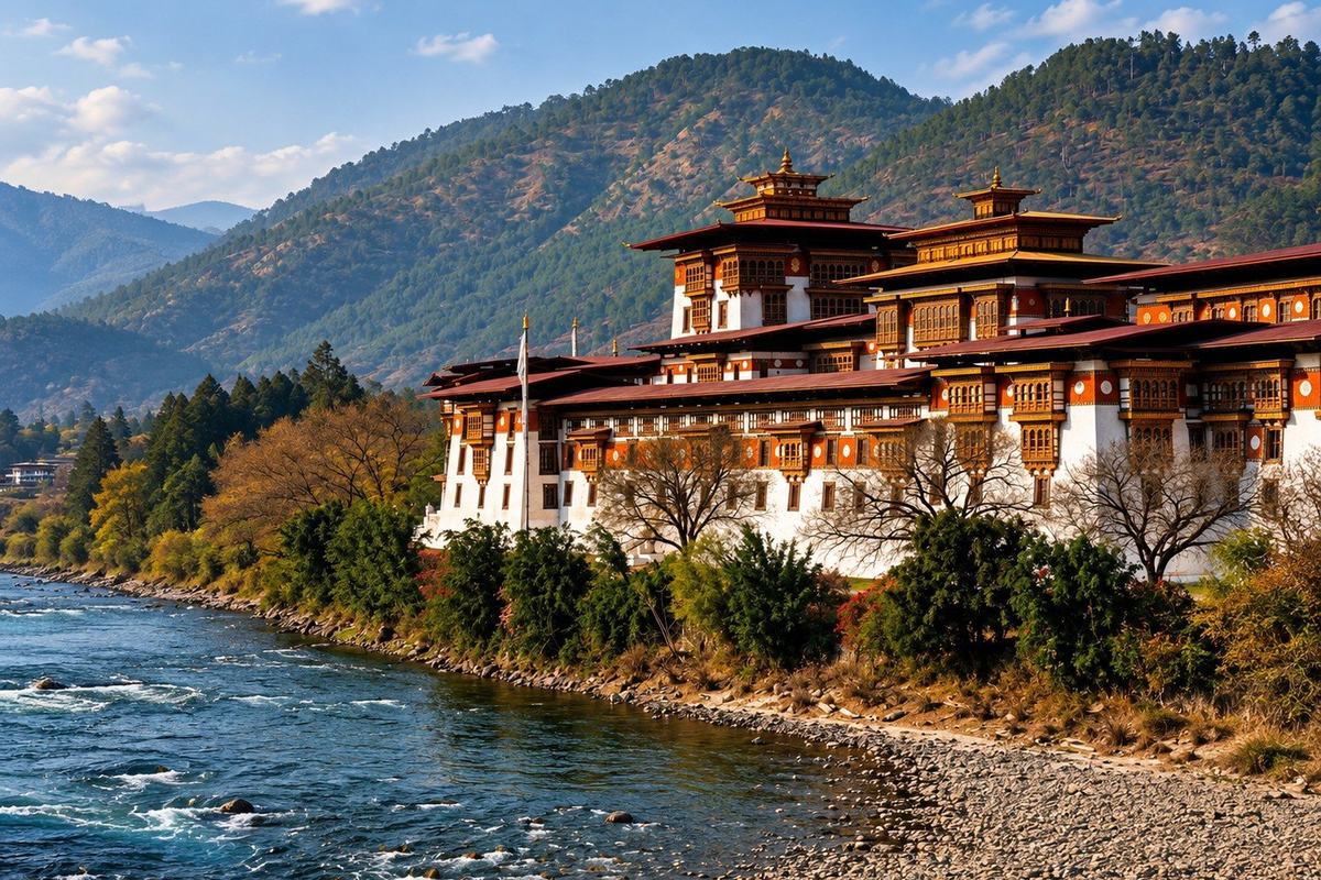The dzong on the riverbank with the mountains behind