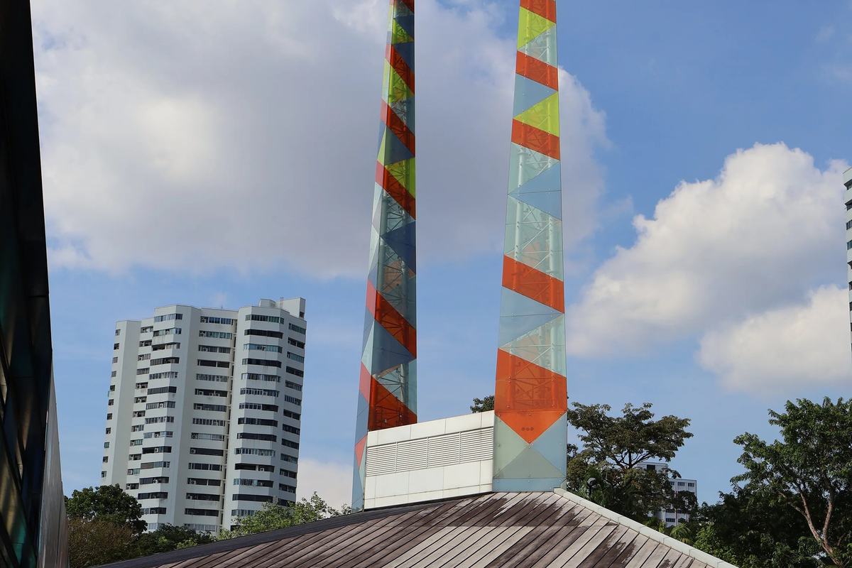 The striped towers above the entrance of Science Centre Singapore