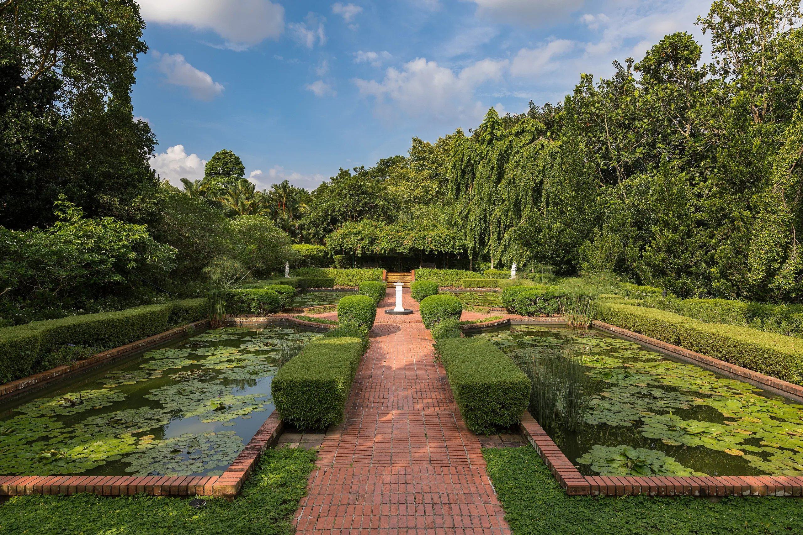 A formal garden with lily pools and a brick path at the Singapore Botanic Gardens
