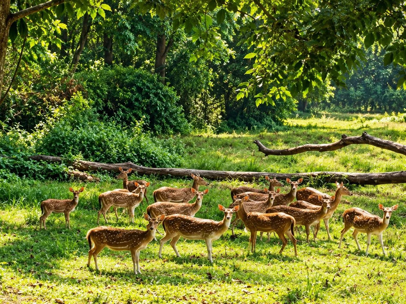 A herd of spotted deer grazing in a sunlit woodland meadow, Chitwan National Park, Nepal