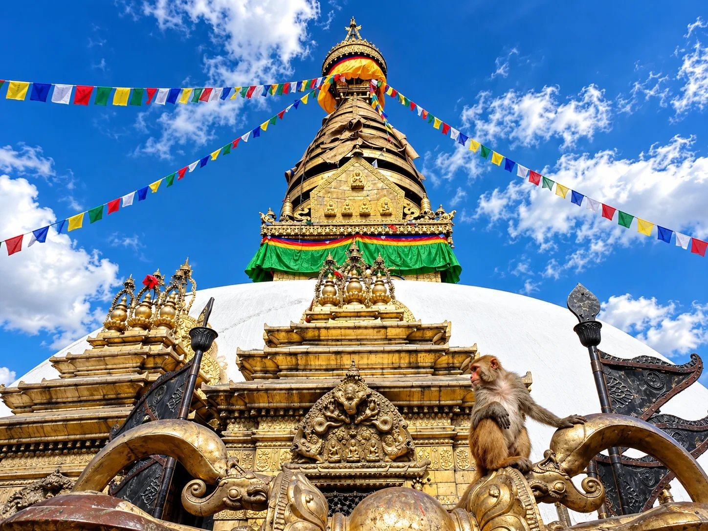 A monkey on the gilded shrines below the spire of Swayambhunath Stupa, Kathmandu, Nepal