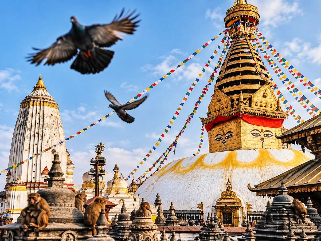 Swayambhunath Stupa and its temple courtyard with pigeons and monkeys, Kathmandu, Nepal