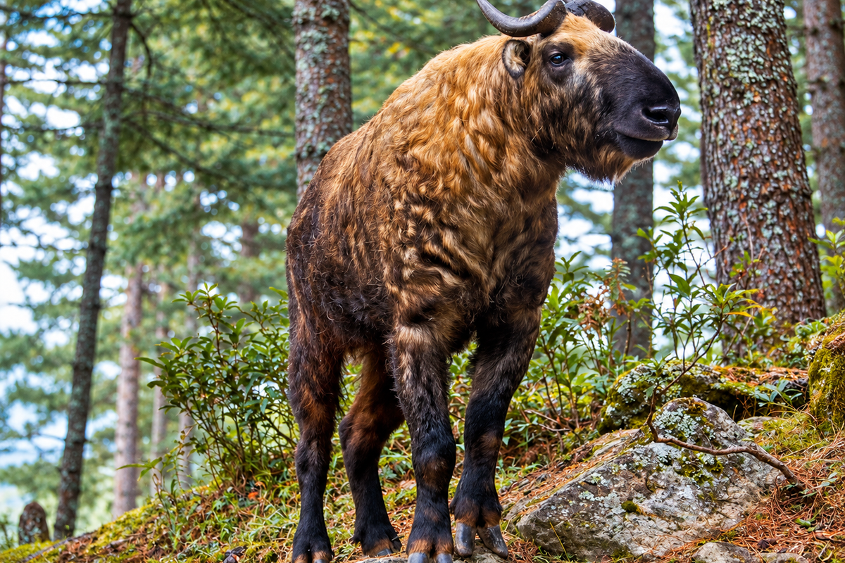 Takin standing in pine forest, Bhutan