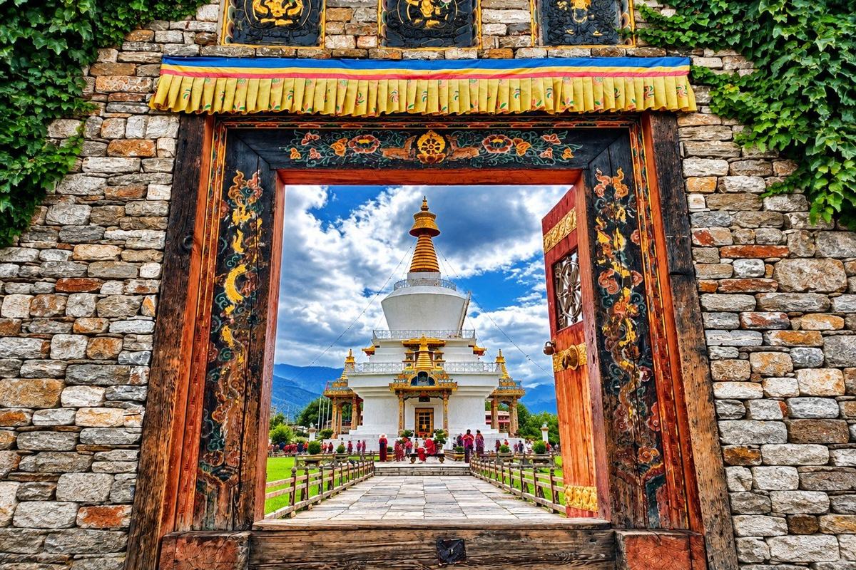 The chorten framed by its painted gateway