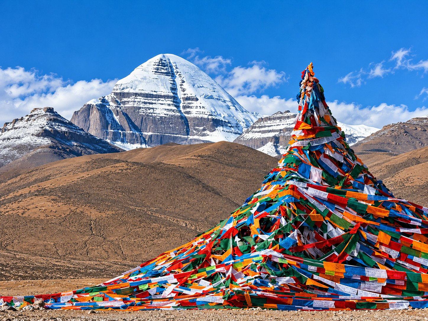 Mount Kailash and a mound of prayer flags