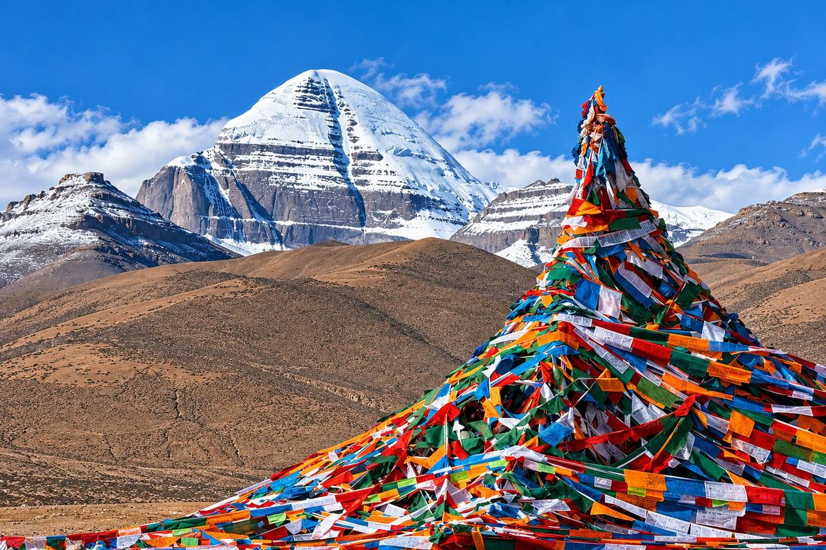 Mount Kailash and a mound of prayer flags