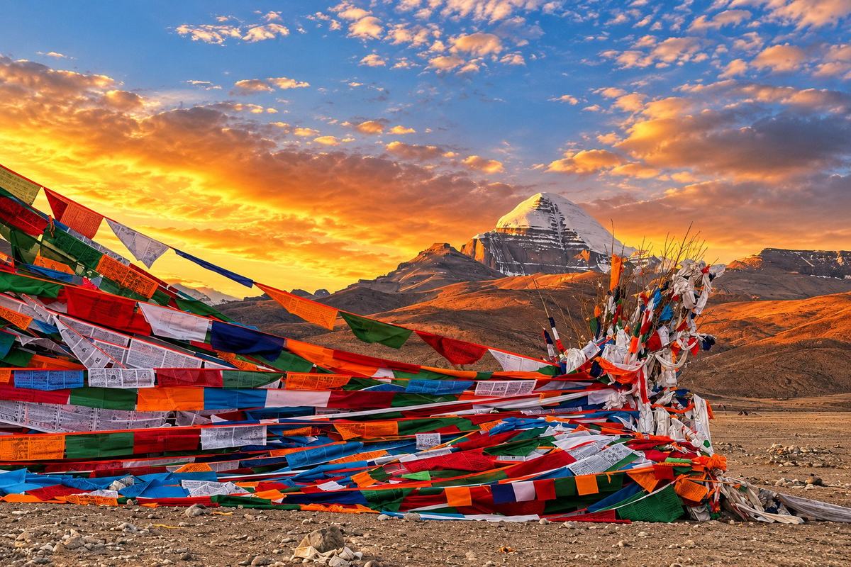 Mount Kailash under a fiery sunset sky above a field of prayer flags, Ngari, Tibet