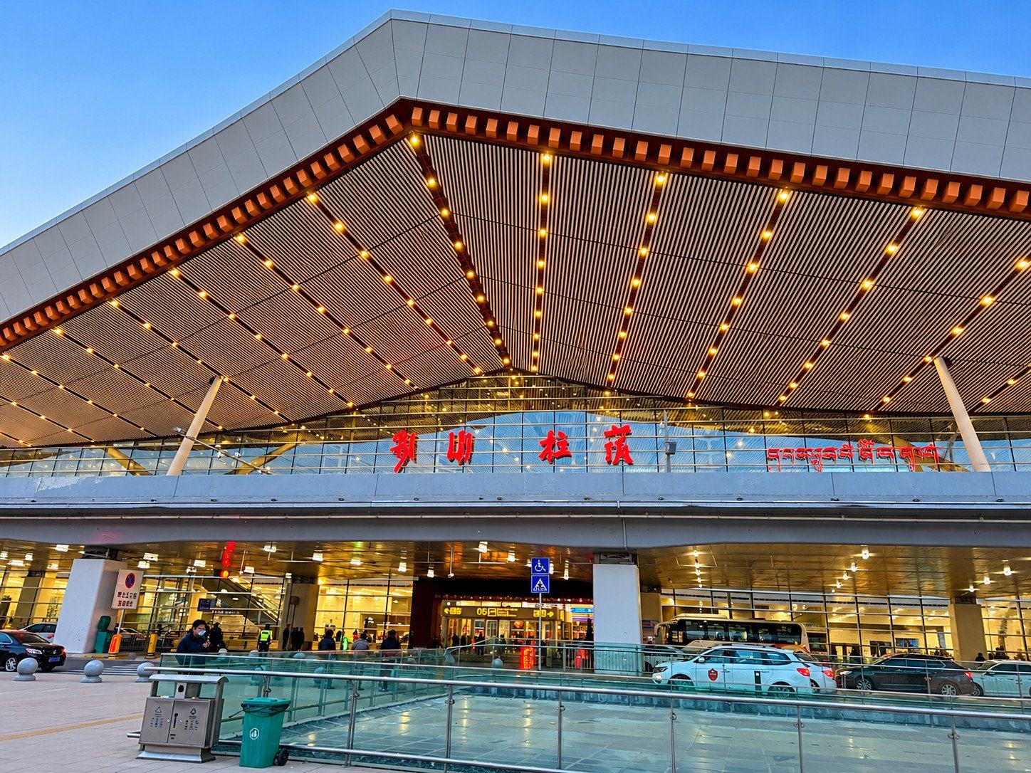 A railway station's lit