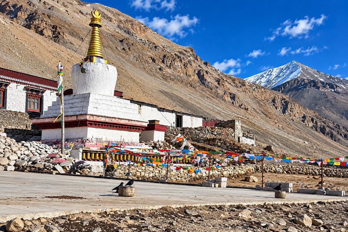 The white chorten at Rongbuk Monastery with the summit of Everest behind, Tibet