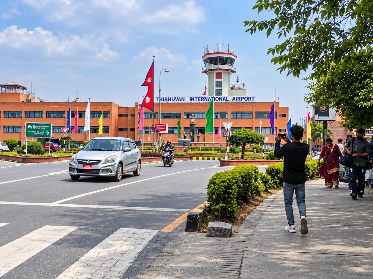 Travellers walking towards the terminal and control tower of Tribhuvan International Airport, Kathmandu, Nepal