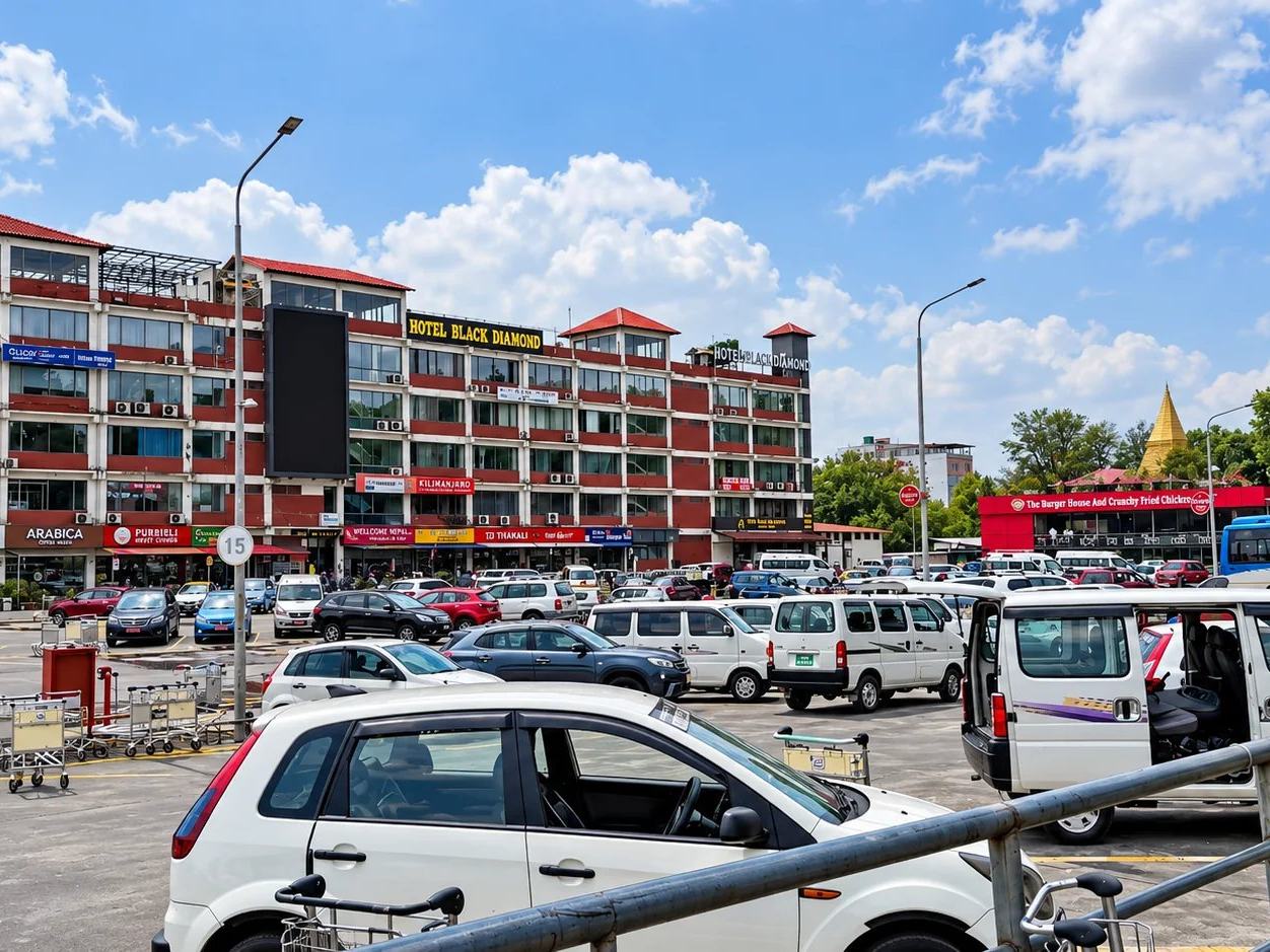 Taxis and cars in the car park opposite Tribhuvan International Airport, with hotels and shops beyond, Kathmandu