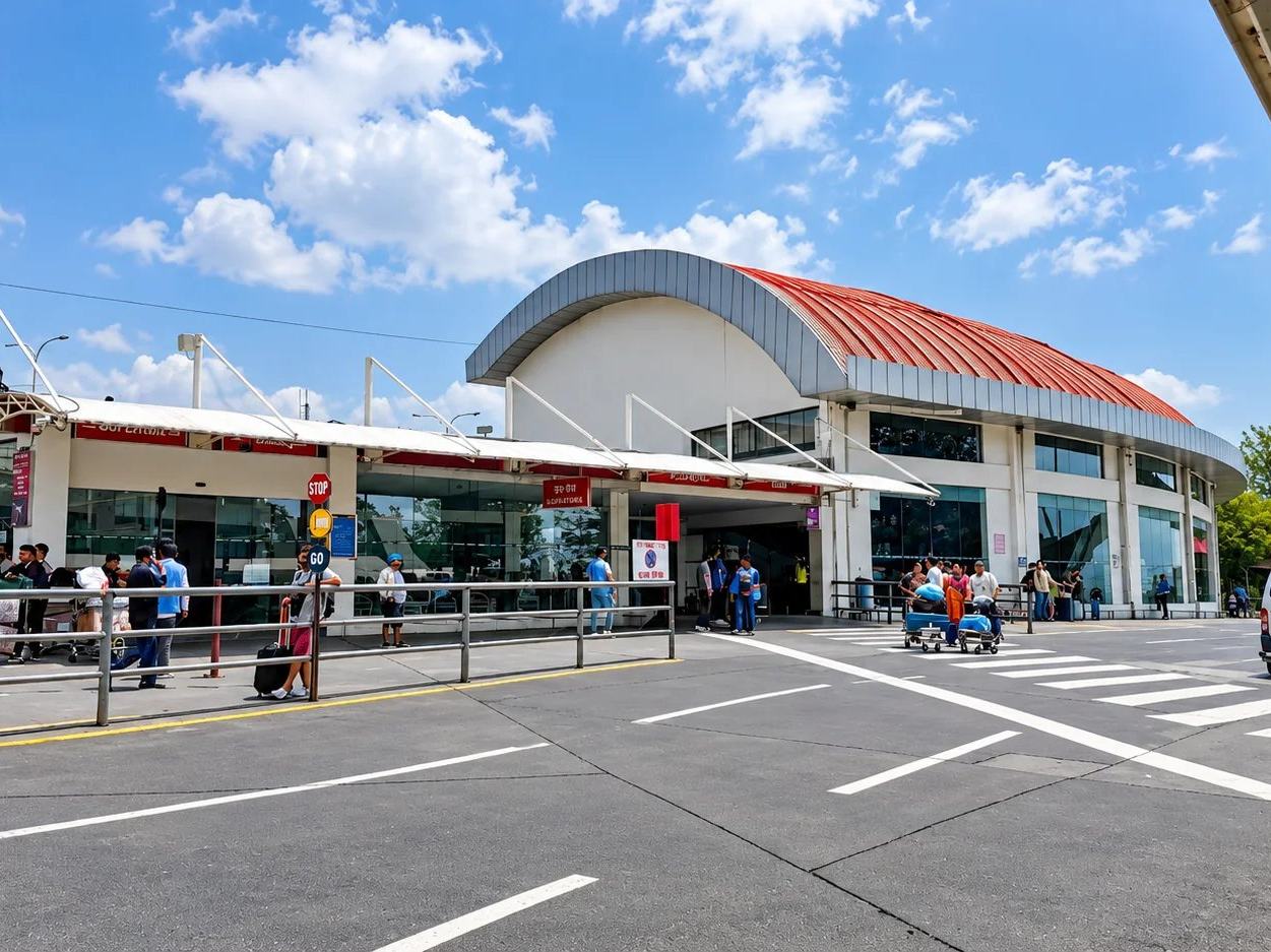 Travellers at the terminal drop-off, Tribhuvan International Airport, Kathmandu, Nepal