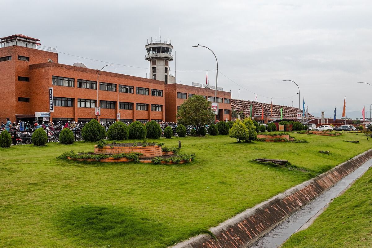 The terminal and control tower of Tribhuvan International Airport, Kathmandu, Nepal