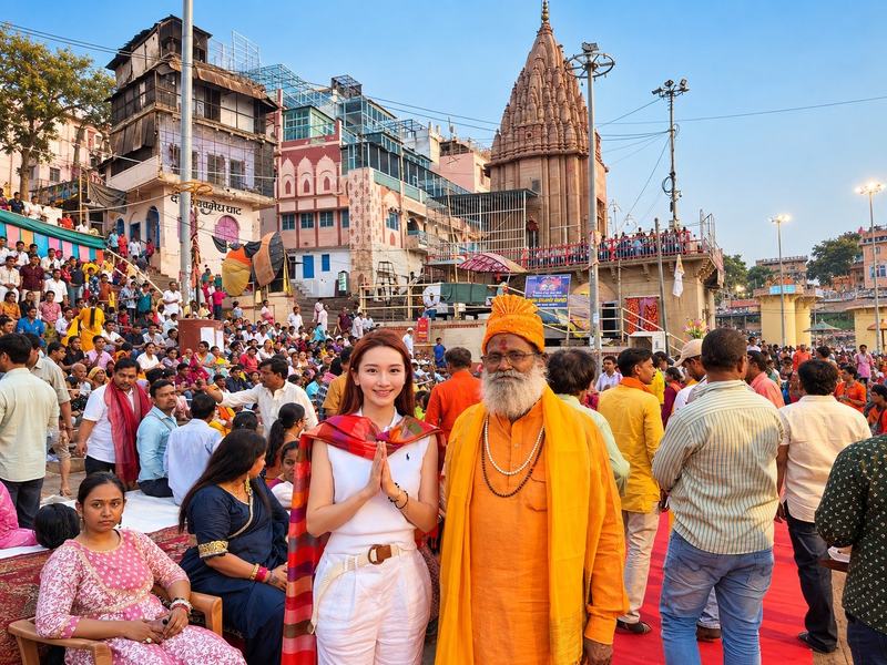 Stand at the Ganga Aarti at Dashashwamedh Ghat, performed at the river every evening of the year.