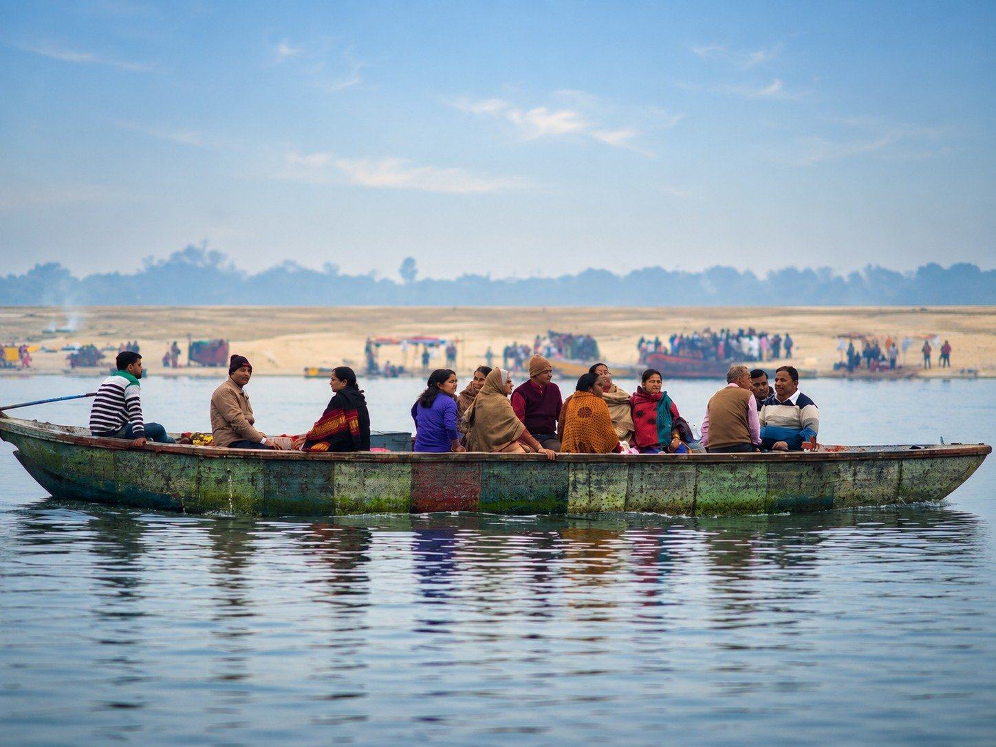 A pilgrim boat on the Ganges at sunrise