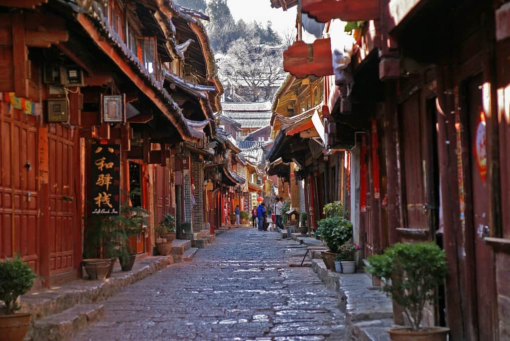 Stone lane and wooden houses in Lijiang Old Town