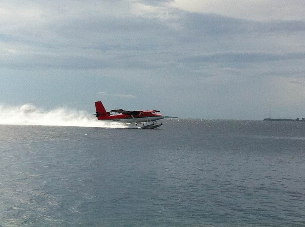 Seaplane taking off in the Maldives