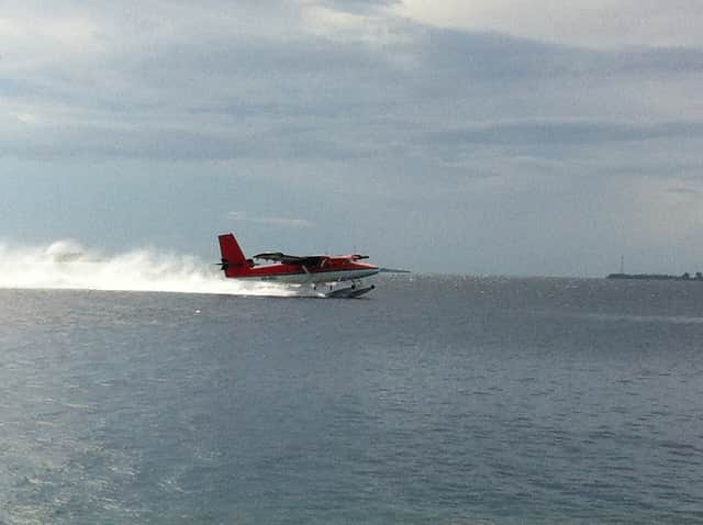 Seaplane taking off in the Maldives