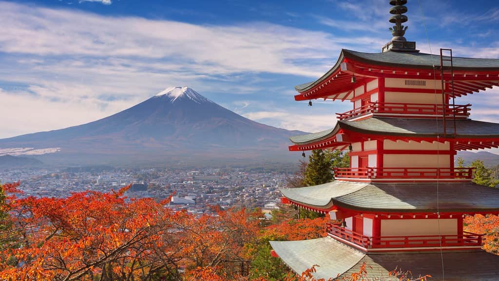 Chureito Pagoda and Mount Fuji in autumn