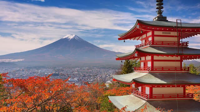 Chureito Pagoda and Mount Fuji in autumn