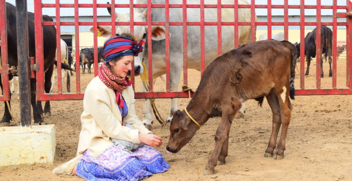 Globally renowned Sanskriti singer, special guest Gabriella Burnel from France seated on the Gaushala grounds.
