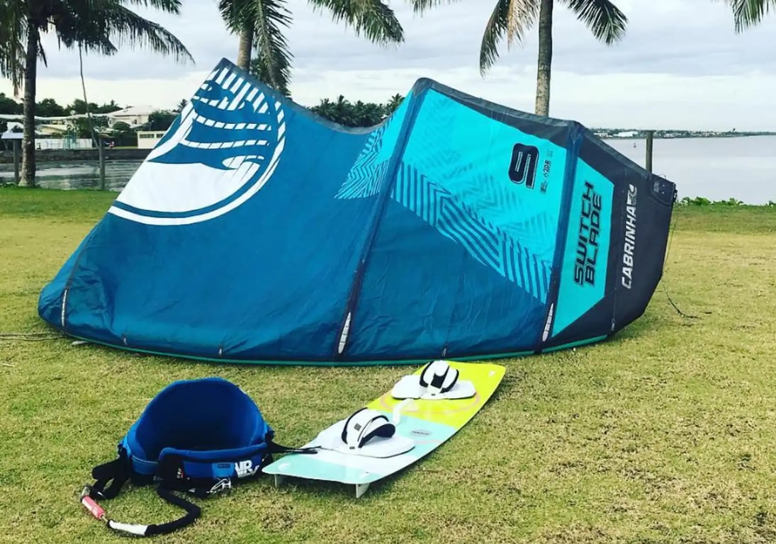 a kiteboard and kite ready to hit fiji salt water
