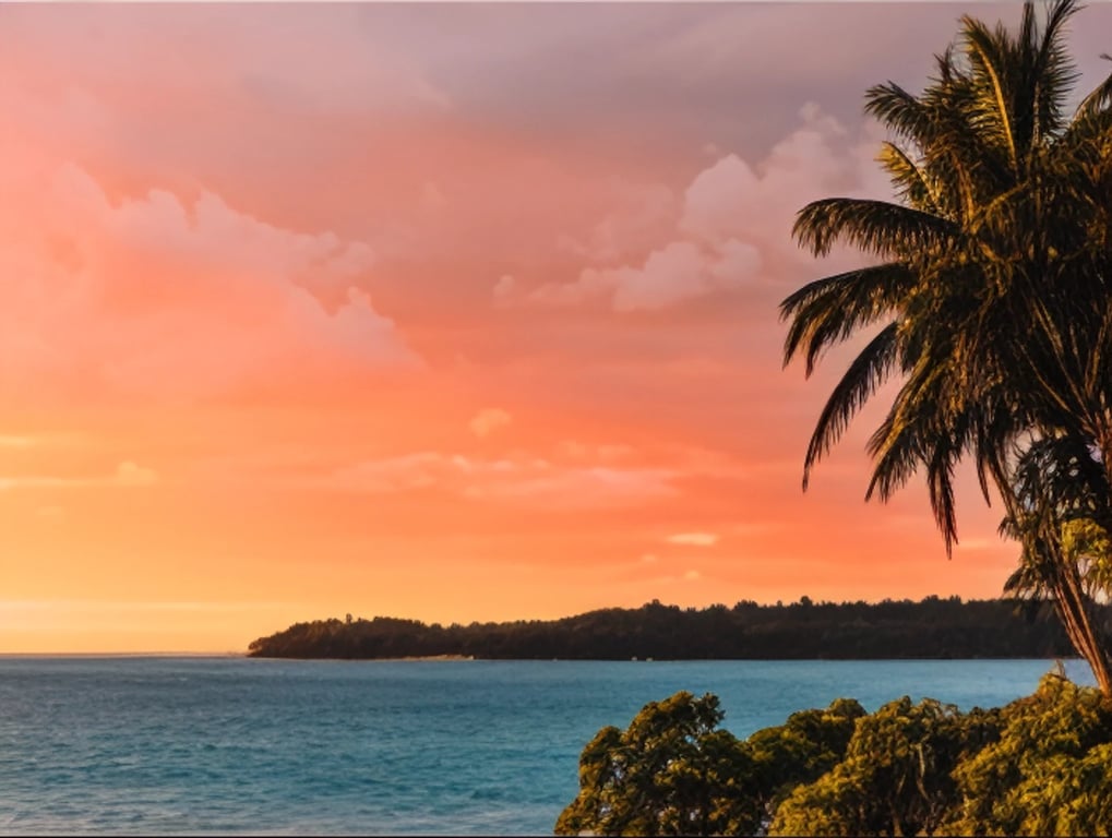 THe sun setting with some palm trees in the background