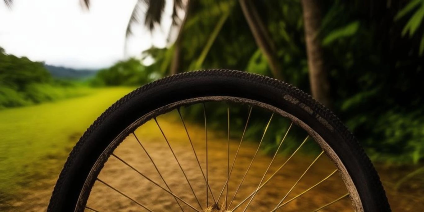 A bicycle wheel with tropical background