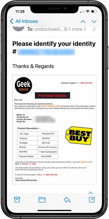 Example of a Geek Squad callback phishing email. (Source: BleepingComputer)