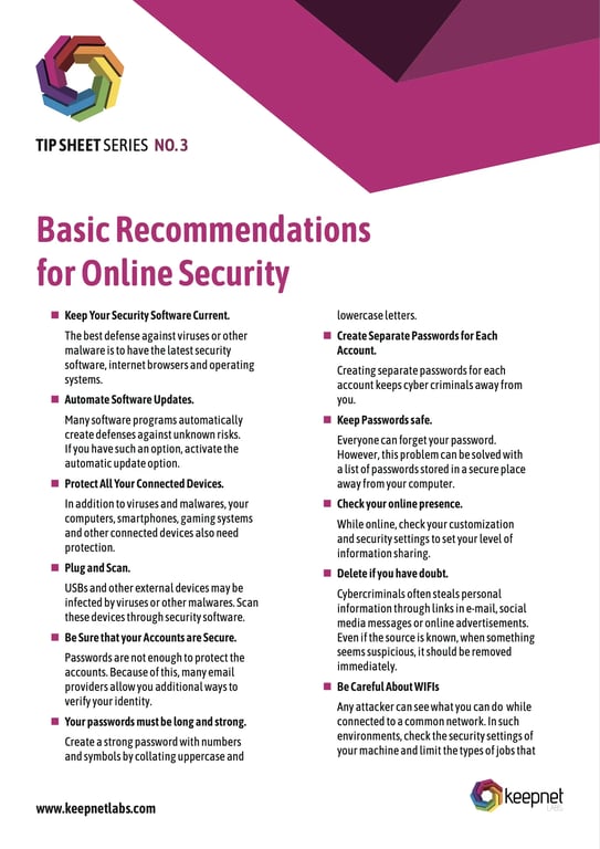 Basic Recommendations for Online Security Tip Sheet