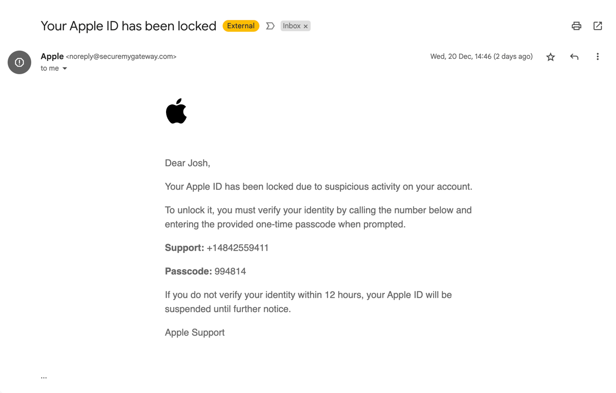 Sample voice callback phishing email