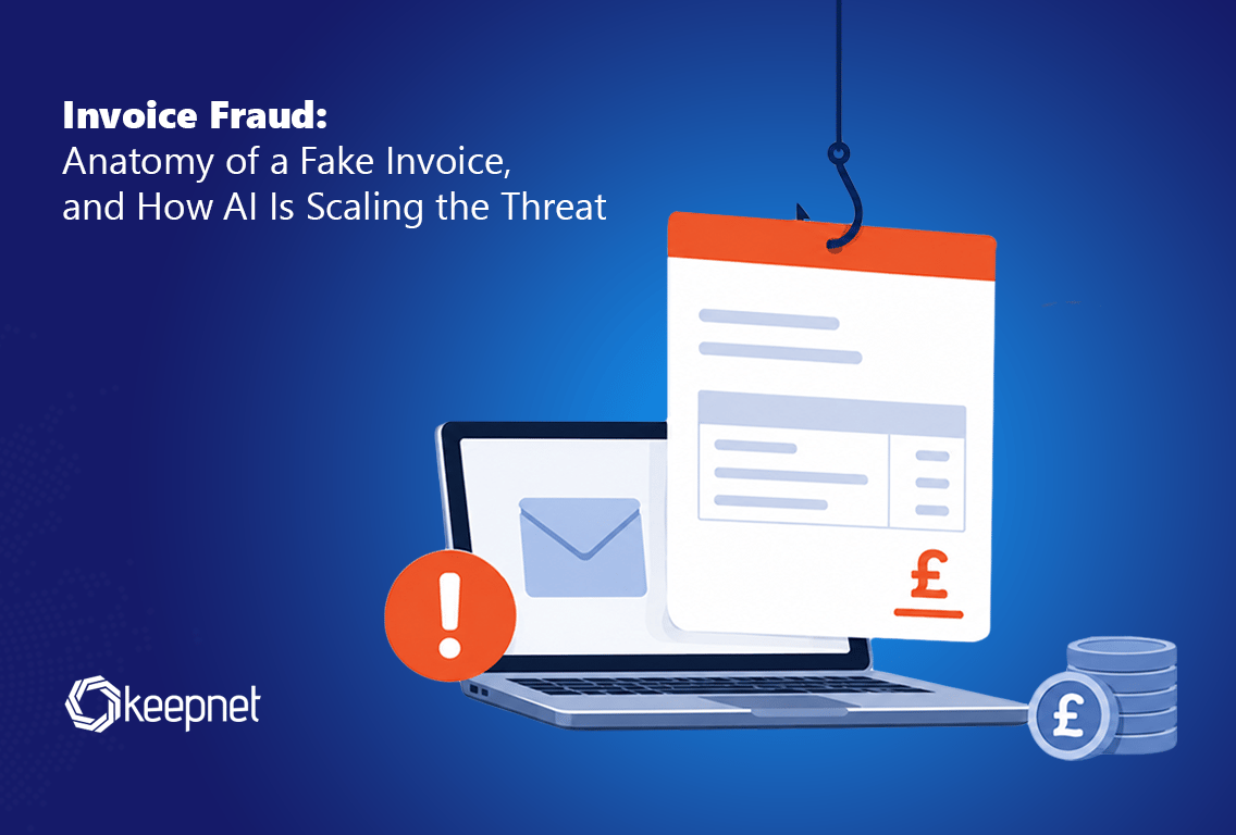 Invoice Fraud in 2026 cover: a fake invoice as bait on a fishing hook, by Keepnet