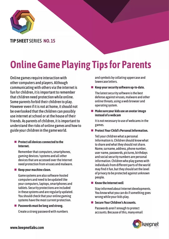 Online Game Playing Tips for Parents Tip Sheet