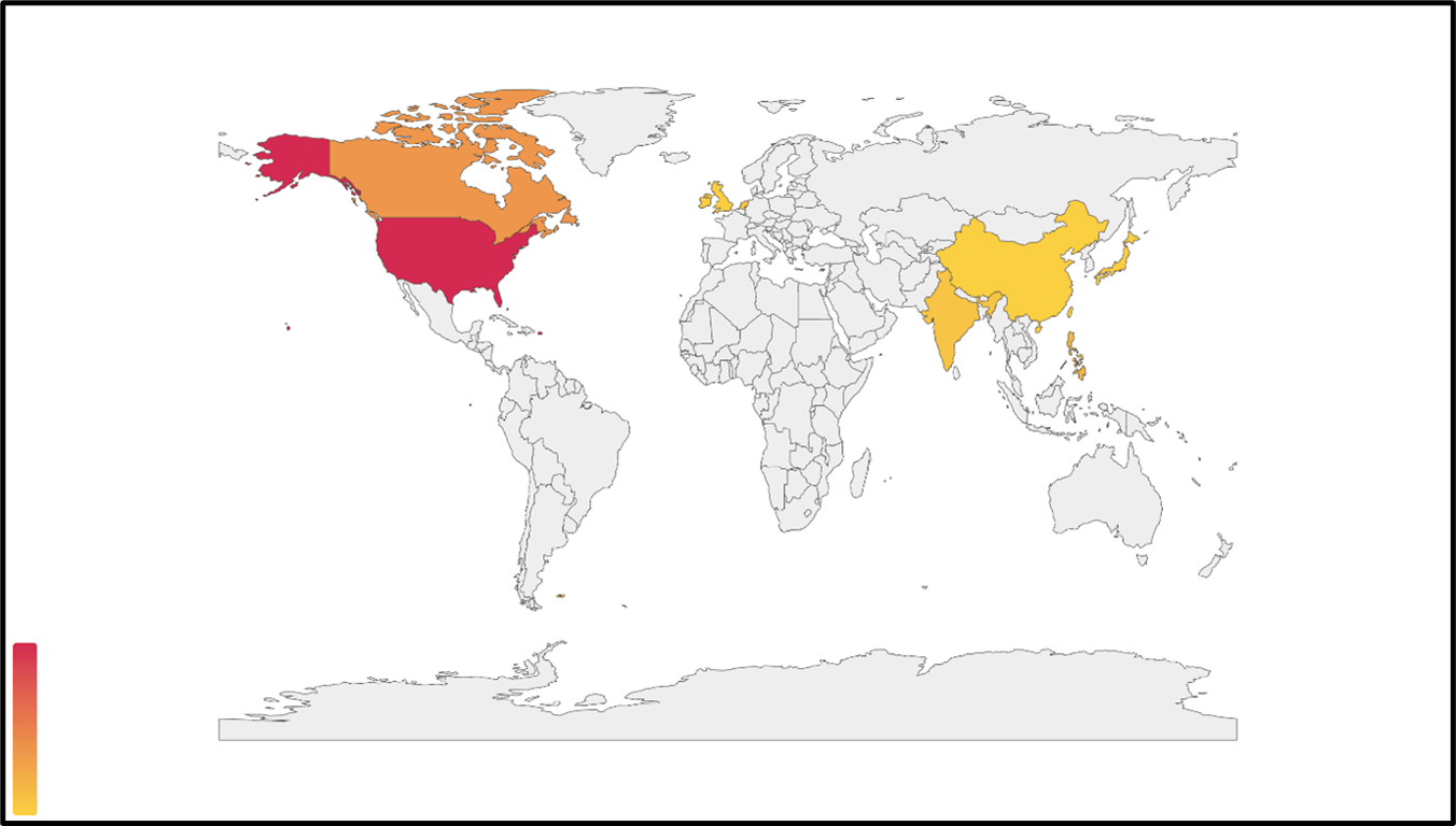 Heatmap of latest BazarCall campaign targets (Source: Trellix)