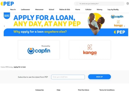 Pep Capfin Loan homepage