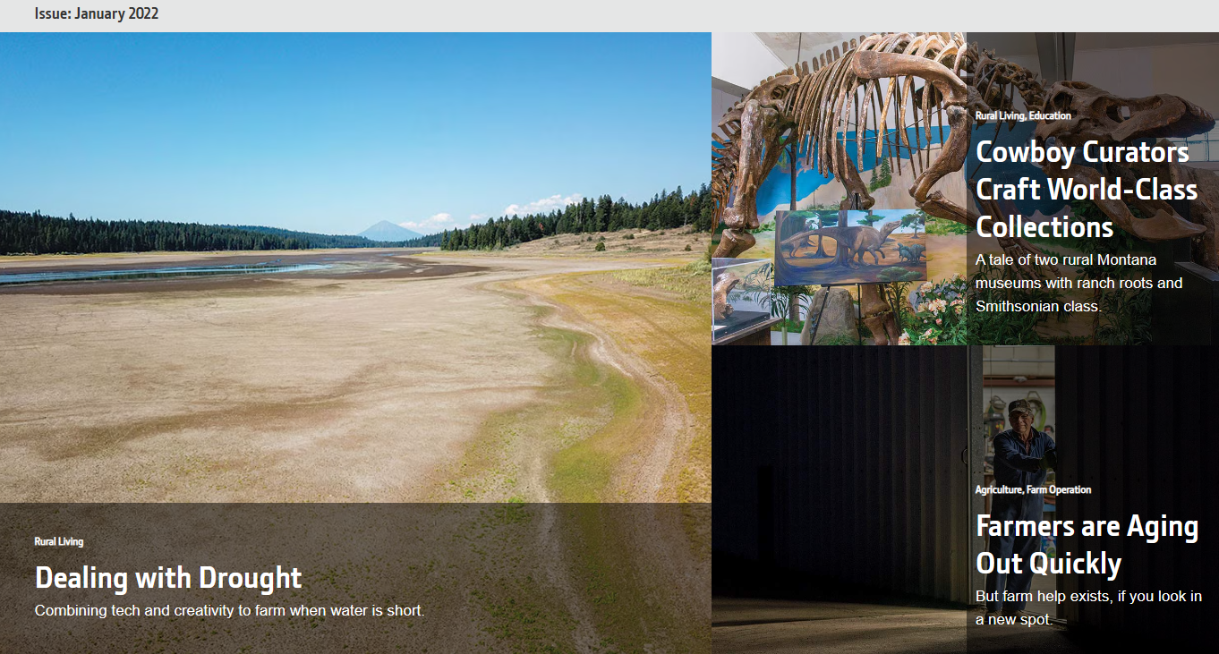 &lsquo;가뭄에 대처하는 방법&rsquo;, &lsquo;농부들의 고령화가 빨라진다: 농장 인력문제 해결법 &lsquo; 등과 같이 제품이 직접 드러나지 않지만 농부들의 관심사에 집중한 전략이 잘 드러나는 더 퍼로우 콘텐츠들의 예시,  2022년 1월호 &copy;JOHN DEERE, 존디어 웹사이트 일부 캡쳐