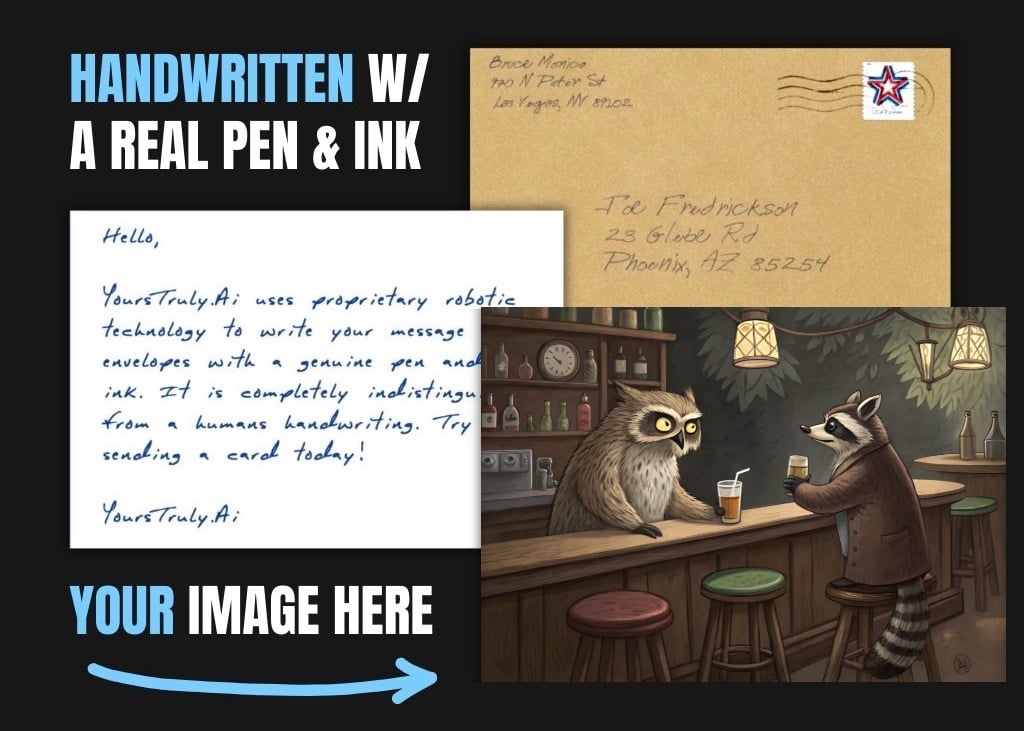 Unlikely Friends at the Bar: An Owl and Raccoon Greeting Card