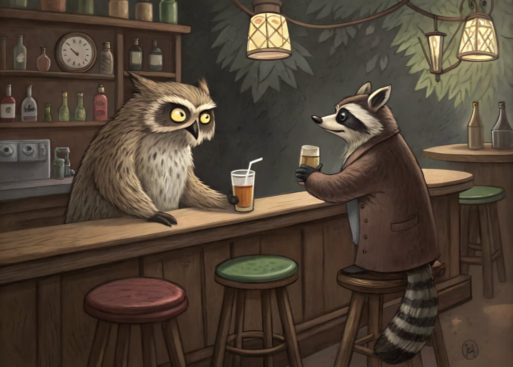 Unlikely Friends at the Bar: An Owl and Raccoon Greeting Card