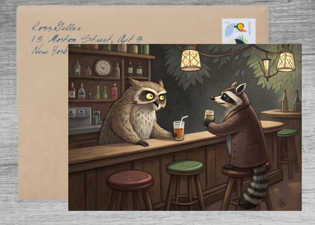 Unlikely Friends at the Bar: An Owl and Raccoon Greeting Card