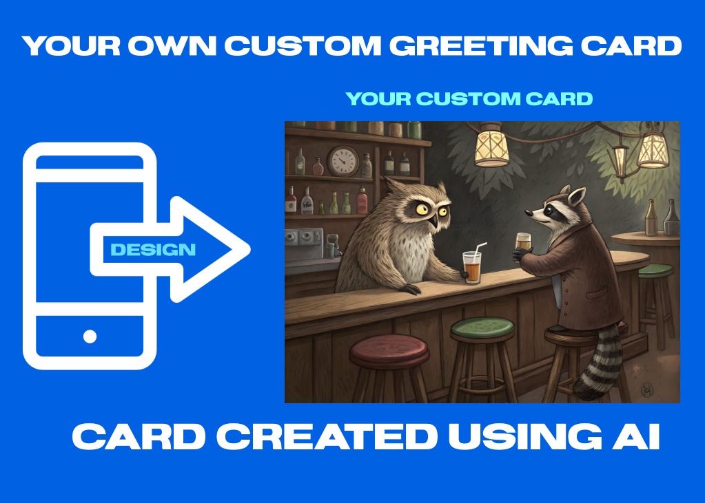 Unlikely Friends at the Bar: An Owl and Raccoon Greeting Card