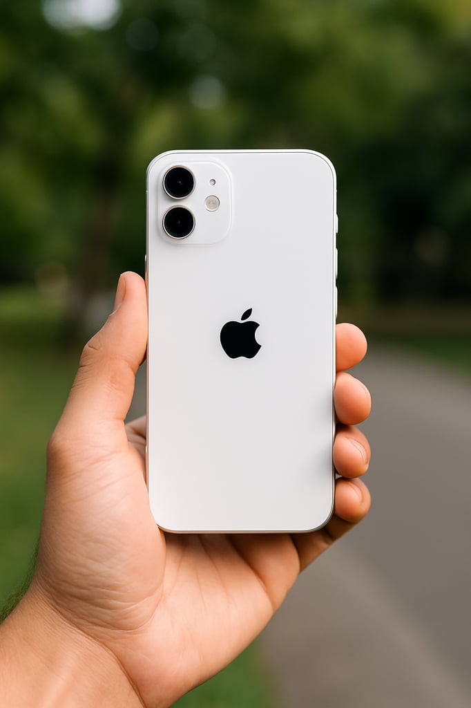 Ultra-realistic professional photo of a person holding a white Apple iPhone 12 in hand. The glossy back of the phone with the Apple logo and dual camera system is clearly visible against a blurred outdoor background.