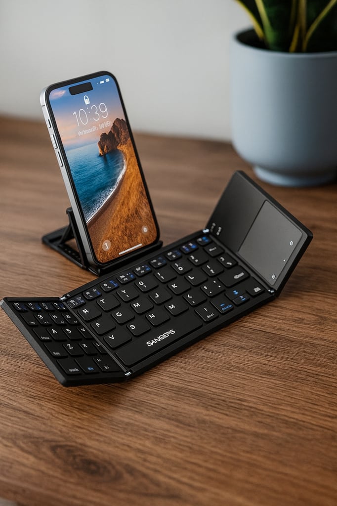 A realistic digital photograph showcasing a modern, portable, iClever BK08 Tri-Fold Bluetooth keyboard paired with a smartphone stand, designed for on-the-go typing and productivity.